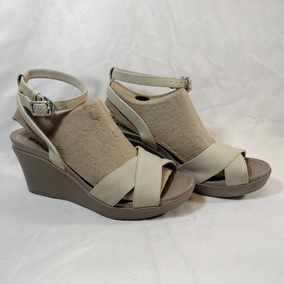 Crocs Leigh II Cream Canvas Strap Wedge Heels NWOT - Picture 4 of 10